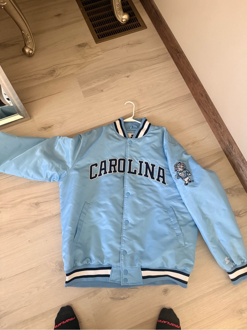 STARTER Carolina Light Blue Satin Varsity Jacket with Stripe Trim